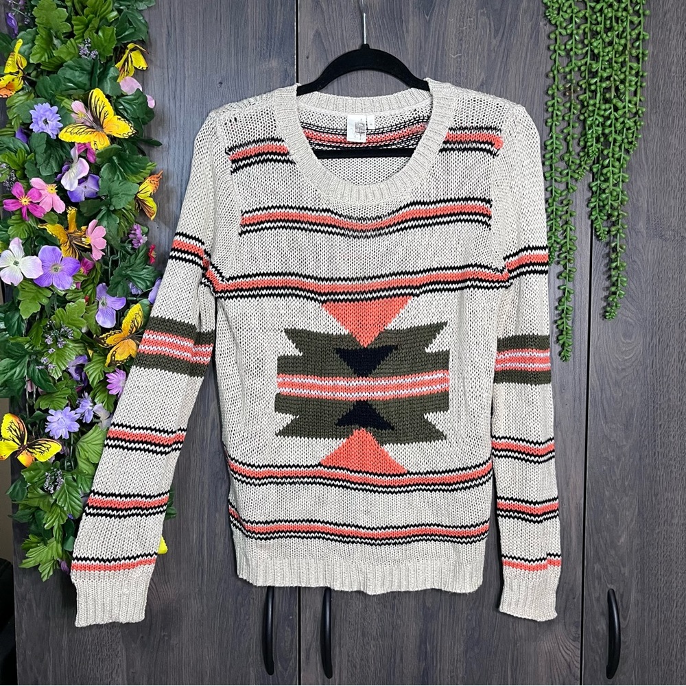 "🌼3/$30🌼Francesca's Boutique Chunky Knit Woven Printed Sweater Size Medium